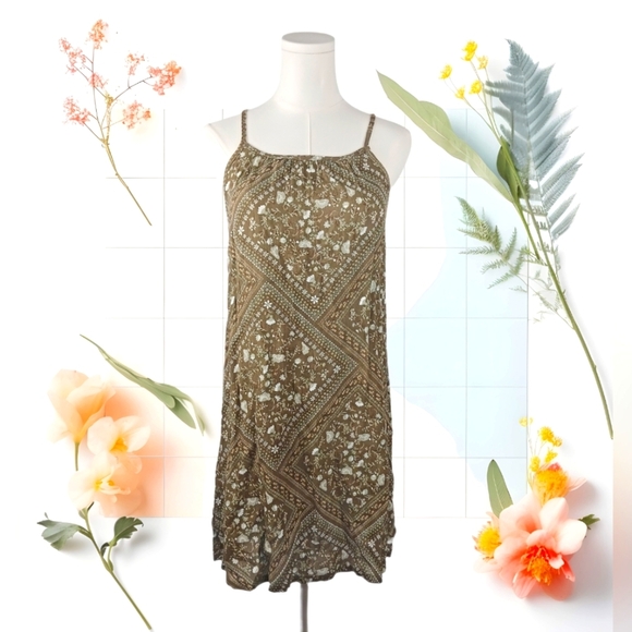 NWT Planet Gold Olive Floral Sleeveless Mini Dress S Boho Lightweight Flowy - Picture 1 of 6